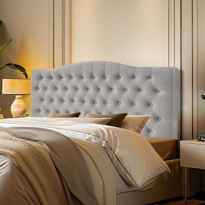 Furpopup Velvet Queen Headboard Only, Upholstered Wall Mount, Silver Gray | 2 ways to use:Wall-mounted (for adjustable bed) and bed frame mounted, Easy to assemble, Classic button design headboard - color: Silver Gray-velvet, size: Queen
