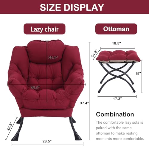 Lazy Chair with Ottoman, Comfy Accent Reading Chair, Burgundy | Foldable Footrest,Removable Cover,with Armrests and Side Pockets,Upholstered Lounge Chair for Bedroom,Dorm,Office,Small Space - color: Burgundy