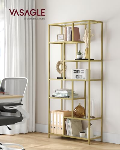 VASAGLE Bookshelf, 6-Tier Tall Bookcase, Display Shelf, Plant Stand, 11.8 x 31.5 x 70.9 Inches, Tempered Glass, for Study, Office, Living Room, Bedroom, Kitchen, Metallic Gold ULGT502A01 - color: Metallic Gold, size: 6 Tiers (31.5"W x 70.9"H)
