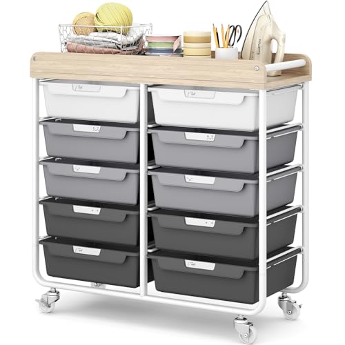 10 Drawer Rolling Storage Cart with Wood Top for Classroom Crafts Grey | Easy Setup, Large Capacity, Sturdy Build, Lockable Mobility, For office, classroom and home supplies - color: Grey