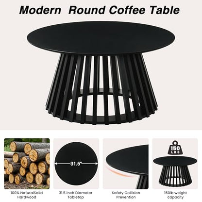 HNY Black Round Coffee Table, Wood 31.5" Center Table for Living Room | Modern Mid Century Circle Coffee Table with Fluted Base for Outdoor Patio, Home Small Space, Bedroom, Apartment, Studio - color: Black