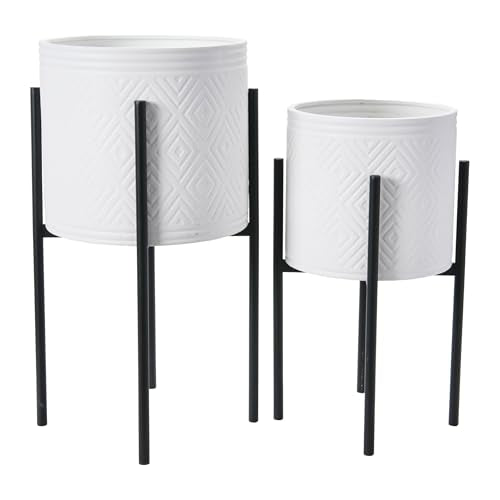 Main + Mesa Modern Boho Embossed Metal Planters with Stands, White and Black, Set of 2 Sizes - color: White/Black