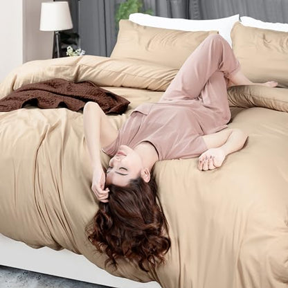 Duvet Cover Full, 3 Piece Cotton Like Polyester With Zipper Closure, Beige | Extra Soft and Breathable, Wrinkle & Fade Resistant, Includes Duvet Cover and 2 Pillow Shams, Comforter Not Included, OekoTex - color: Beige, size: Full - Duvet Cover Set