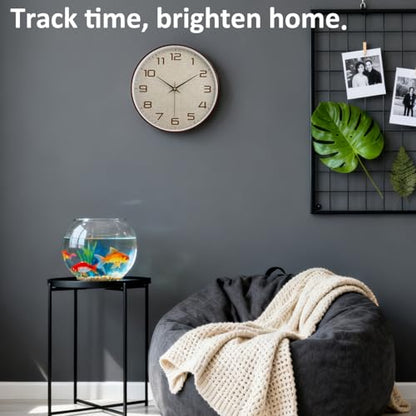 Woodgrain Wall Clocks Battery Operated 12 Inch with Linen Texture Face, Large Number Silent Digital Wall Clock, Non Ticking Analog Clock for Bedroom Living Room Bathroom Kitchen Office,Brown - color: Mocha Brown White, size: 12 Inch