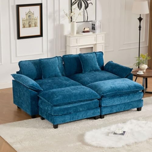 81.9'' Modern Sectional Couch with Double Layer Upholstered Seat Cushion, Chenille LoveSeat Sofa Couch with Wider Armrest and Cushions, Living Room, Bedroom, Apartment, Easy Assembly, Blue - color: Blue