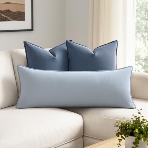 MIULEE 장식용 리넨 요추 베개 커버 35.6x91.4cm 라이트 블루 | Boho Farmhouse 소파 침대용 롱 스로우 베개, 액센트 코스탈 모던 베개 커버 1팩, 소파 거실 홈 데코 - color: 라이트 블루, size: 36" x 14" (Pack of 1)