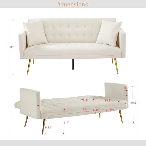 Anwick 72''Modern Velvet Sofa Bed Futon,Convertible Folding Sleeper Couches with 3 Adjustable Backrests,Tufted Recliner Loveseat with Golden Chrome Legs for Living Room Apartment Office (Beige-new) - color: Beige-new