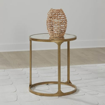 Signature Design by Ashley Korajane Round End Table, Gold, 20 Inch | 20x20x23 in round end table, 21.63 in under table space, Faux marble tempered glass top, Antique gold metal frame - color: Antique Gold