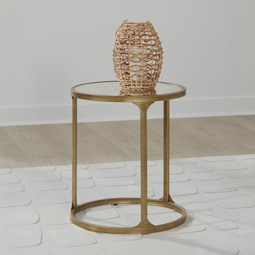 Signature Design by Ashley Korajane Round End Table, Gold, 20 Inch | 20x20x23 in round end table, 21.63 in under table space, Faux marble tempered glass top, Antique gold metal frame - color: Antique Gold