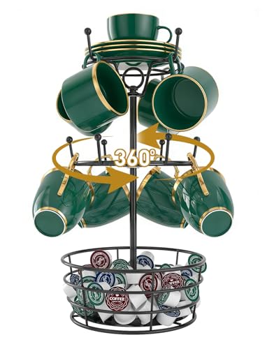 360° Rotating Coffee Cup Holder Tree | 3-Tier Metal Mug Rack with 10 Hooks, Coffee Bar Organizer Decor for Kitchen Countertop