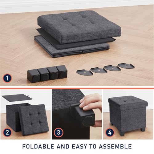 Ornavo Home 15" Square Folding Storage Ottoman Cube with Legs, Dark Gray | Small Linen Storage Ottoman; Fits Compact Spaces; Ideal for Bedroom or Living Room