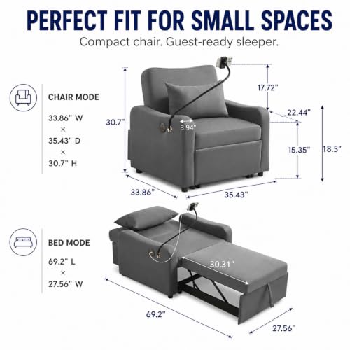 Majnesvon Convertible Chair Bed 3 in 1, Sofa Bed Chair (Dark Gray) | with Adjustable Backrest & Charging Station, Small Space One Person Couch for Apartment, Office, Living Room, Bedroom - color: Dark Gray