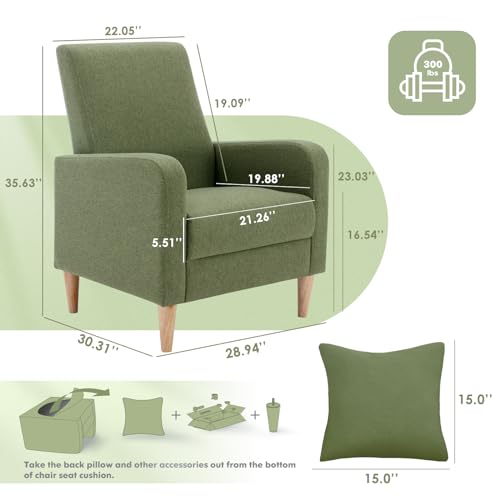 COLAMY Mid-Century Modern Accent Chair, Fabric Upholstered Living Room Chair with Back Pillow & Solid Wood Legs, Comfy Armchair for Living Room, Bedroom, Single Sofa, Green - color: Green, size: Set of 1