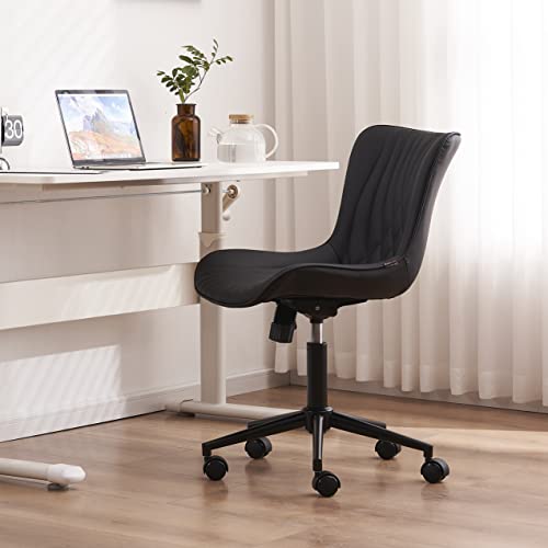 YOUTASTE Black Modern Office Chair, Armless Swivel PU Leather Desk Chair with Wheels, Height Adjustable Rolling Computer Chair with Metal Legs for Bedroom, Home Office, Study, or Vanity - color: Black