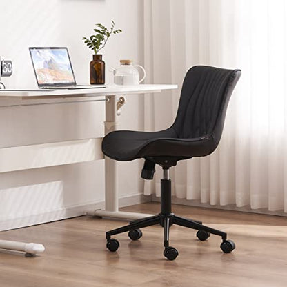 YOUTASTE Black Modern Office Chair, Armless Swivel PU Leather Desk Chair with Wheels, Height Adjustable Rolling Computer Chair with Metal Legs for Bedroom, Home Office, Study, or Vanity - color: Black