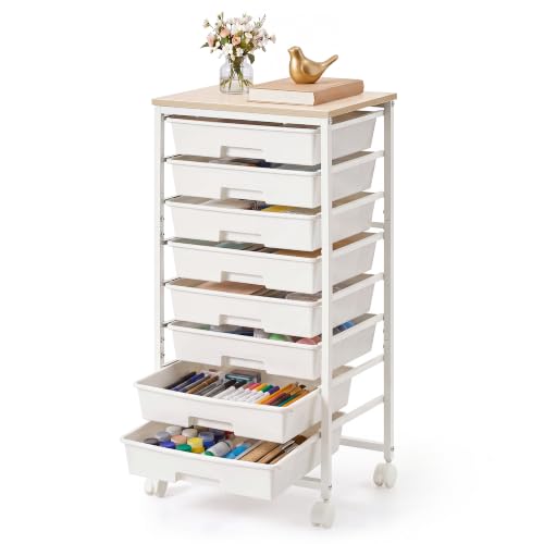 VASAGLE 8-Drawer Rolling Storage Cart, Utility Cart with Wheels and Wood Top, Craft Organizer for Office and Home, 15.6 x 11.2 x 30.1 inch, White, Benco Collection ULRC006W101 - color: White, size: 8 Drawer