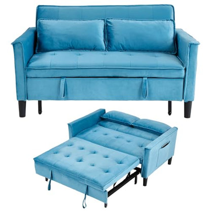 3 in 1 Convertible Sleeper Sofa Bed, Velvet Loveseat Futon Pull-Out Couch with Adjustable Reclining Backrest, Side Pockets and Pillows for Living Room,Bedroom Apartment Small Spaces (Sky Blue-Velvet) - color: Sky Blue-velvet