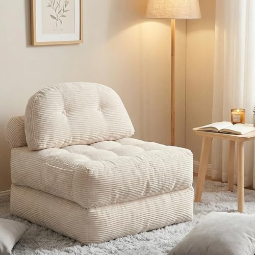Convertible Corduroy Floor Sofa, 3-in-1 Folding Lazy Sofa Bed with Adjustable Backrest, Soft Bean Bag Chair Lounger for Living Room, Bedroom, Guest Room, Oversized Sleeper Chair - color: Beige, size: Single