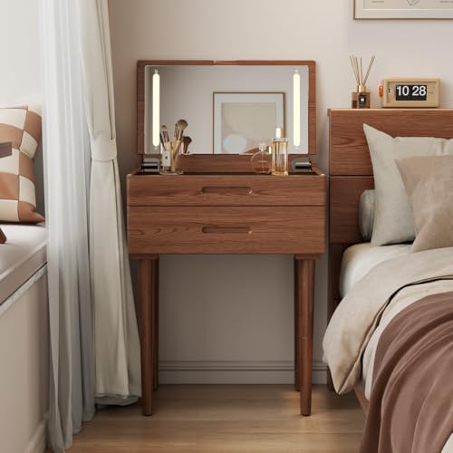 Solid Wood Small Vanity Desk with Mirror and Lights, Narrow Makeup Vanity for Small Space, Flip Top Vanity Side Table, 3 Color Modes & Adjustable Brightness, 23.6" Slim Dressing Table, Walnut - color: Walnut, size: 23.6" Wide