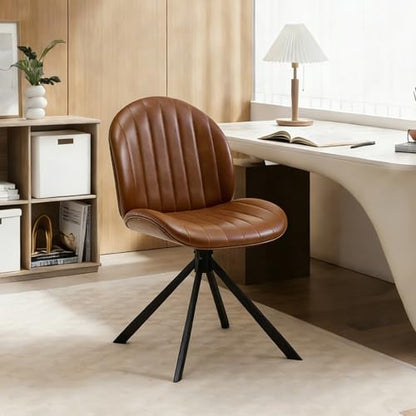 PU Leather Swivel Office Chair No Wheels, Small Comfy Mid Century Armless Desk Chair, Cute Swivel Vanity Chairs No Wheels for Small Spaces, Bedroom,Living Room,Home Office, Brown - color: Brown-pu