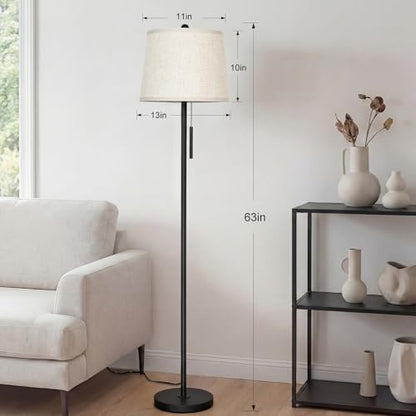 JUNNAI 【Upgraded】 Modern Black Floor Lamp 63in Standing Lamp for Living Room Bedroom Office 3 Way Brightness Dimmable Tall Pole Light with Beige Linen Shade Metal Shade 8W 3000K LED Bulb Included - color: Black