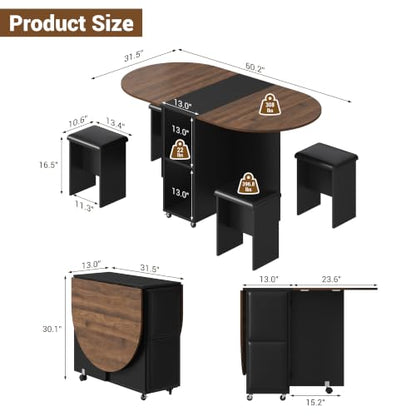 60" Extendable Drop Leaf Dining Table Set with 4 Leather Chairs,Storage,5 Pcs Oval Foldable Kitchen Table and Chairs Set for 4-8 People,6 Wheels,Folding Table Set for Small Space Saving,Walnut - color: Walnut