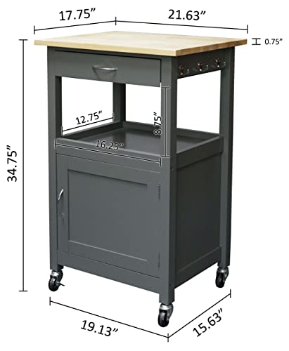 Kitchen Island Cart on Wheels, Gray Base, Natural Hardwood Top | Drawer, Storage Cabinet, Shelf - color: Grey