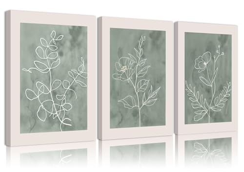 3Pcs Sage Green Botanical Wall Art Line Drawing Floral Canvas Poster Prints Modern Abstract Minimalist Picture Neutral Boho Artwork Simple Painting Wall Decor for Living Room Bedroom 16X24in Framed - color: Canvas, size: 24"L x 16"W