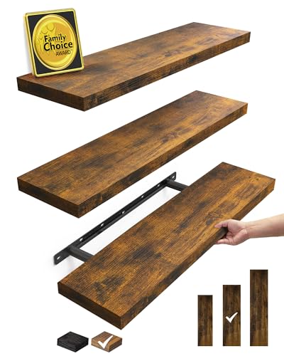 BAYKA Rustic Brown Floating Shelves 22.5in, 3 Pack, Wall Mount Wood Shelf | Easy Install, 22lbs Max Load, Hidden Bracket, for Bathroom Bedroom Kitchen Display Storage Decor, Multi-Wall Compatible - color: B. Rustic Brown - Americana Farmhouse Style, size: