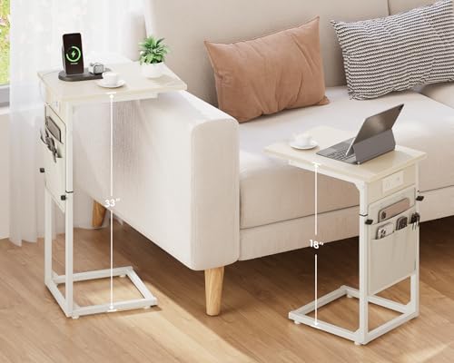 C Shaped End Table with Charging Station, Adjustable Height Side Table for Couch, Small Sofa Table C Table End Table, Slide Under Couch Table TV Tray Arm Table for Living Room, Bedroom, Cream - color: Cream White, style: With Plug
