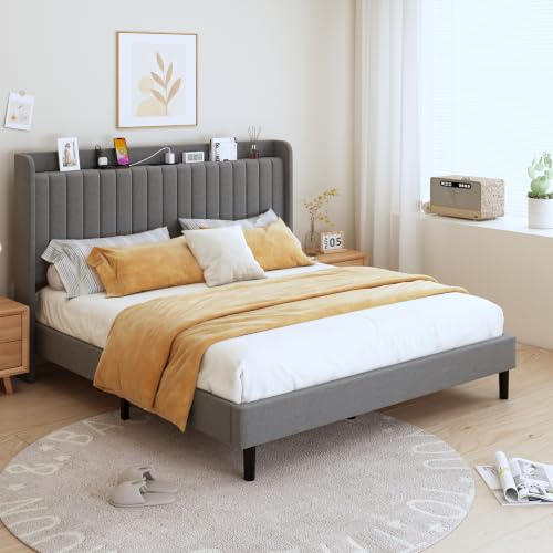 Full Linen Bed Frame with Storage Headboard & Charging Station | Vertical Channel Tufted, Mattress Non-slip Design, No Box Spring Needed, Noise-Free, Easy Assembly, Sturdy, Wingback - color: Grey, size: Full