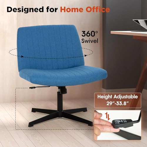 Criss Cross Chair, Armless Cross Legged Office Chair, Comfortable Vanity Chair with Back, Fabric Adjustable Wide Swivel Criss Cross Desk Chair for Home Office, Blue - color: Blue