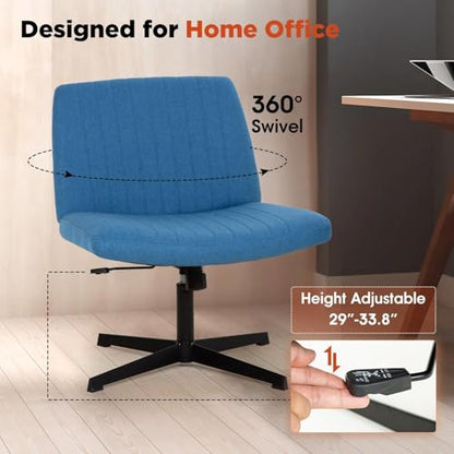 Criss Cross Chair, Armless Cross Legged Office Chair, Comfortable Vanity Chair with Back, Fabric Adjustable Wide Swivel Criss Cross Desk Chair for Home Office, Blue - color: Blue