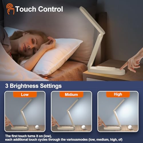 Giryuhd LED Desk Lamp for Office Home & Battery Operated Lamp Rechargeable Lamp Foldable & Portable Light, LED Desk Light Strip, 3 Brightness Dimmable Small Desk Lamp Wireless Reading Lamp - color: Khaki