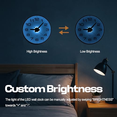 Night Light Wall Clocks Battery Operated, 8 Inch Silent Wall Clock for Bedroom Night Glow, Sound Control Luminous Wall Clocks for Living Room Decor, LED Wall Clock Modern for Kitchen Office - size: 8 Inch