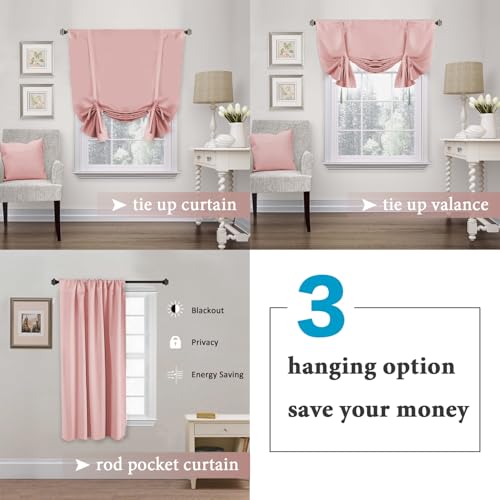 H.VERSAILTEX Blackout Tie Up Curtain Thermal Insulated Window Shade Light Blocking Balloon Roman Shade Bathroom Adjustable Rod Pocket Panel for Small Window,42" Wide by 63" Long,Baby Pink - color: Baby Pink