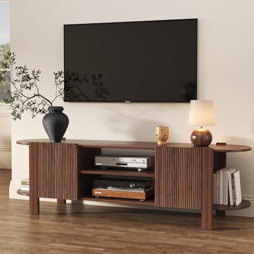 65 Inch TV Stand for Up to 75 inch TVs, Fluted Entertainment Center with Adjustable Shelve, Curved Round Corner TV Console Table with Storage for Living Room, Bed Room (Walnut Color) - color: Walnut Color