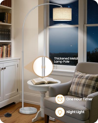 75" Arc Floor Lamp with Marble Base and Adjustable Height, Rotating Hanging Shade, Dimmable Floor Lamp for Living Room with Remote and Foot Switch, 3CCT, Beige Shade and Silver Pole SE15LD05N1 - color: Silver + Beige