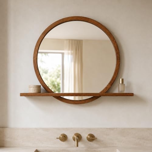 24" Round Wall Mirror with Shelf, Solid Wood Frame