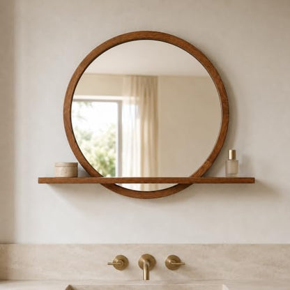 24" Round Wall Mirror with Shelf, Solid Wood Frame