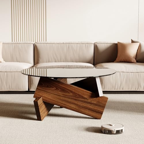 Honyee Modern Round Coffee Table, 30.7" x 30.7" x 16.1" Tempered Glass Top for Living Room, Color: Walnut - color: Walnut