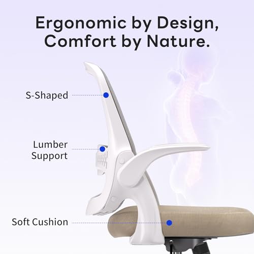 amseatec Ergonomic Mesh Desk Chair with Flip-Up Arms, Supports 300 lbs | Aerospace-grade frame, Mesh & 3" foam seat. 90-110° rocking, height adjustable, 360° swivel. - color: Beige