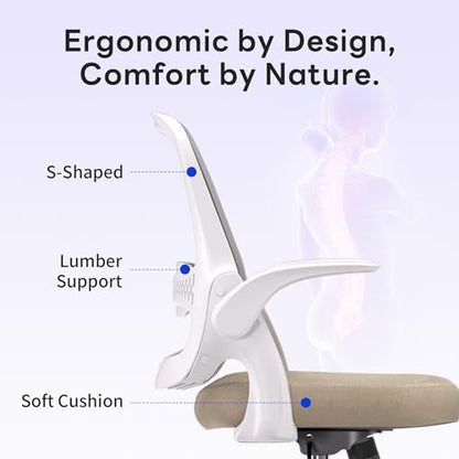 amseatec Ergonomic Mesh Desk Chair with Flip-Up Arms, Supports 300 lbs | Aerospace-grade frame, Mesh & 3" foam seat. 90-110° rocking, height adjustable, 360° swivel. - color: Beige