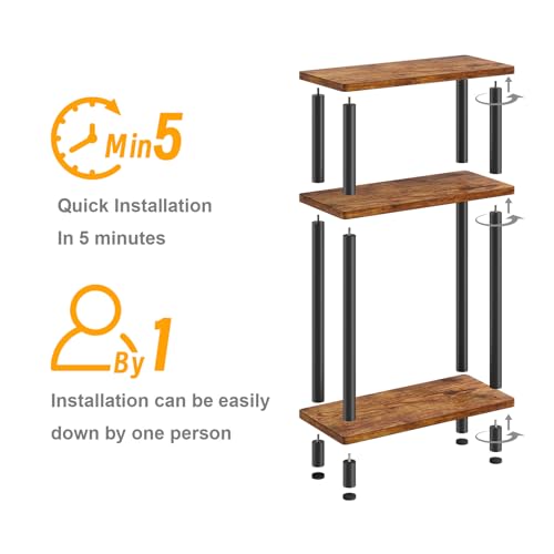 Apicizon Small Narrow Side Table, 3-Tier Skinny End Table, Brown and Black | Sofa Side Table, Slim End Table, Wood Storage Shelf, Slim Nightstand Bedside Table for Narrow Spaces, Living Room, Bedroom - color: Rustic Brown and Black, style: Narrow Side Tab
