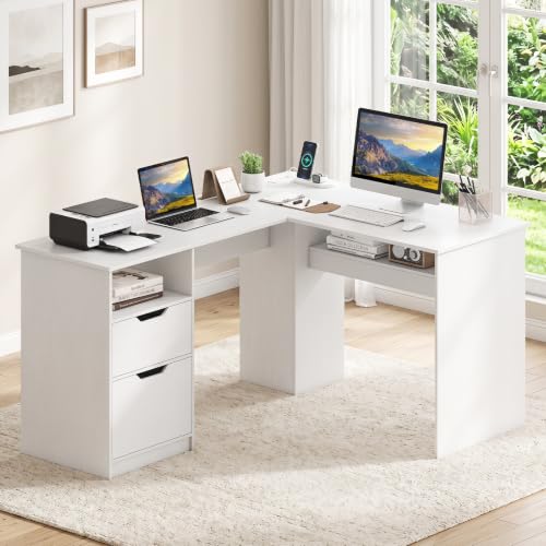 Tangkula 59” L-Shaped Executive Desk w/Power Outlets, Home Office Desk | Wooden Computer Desk w/ Drawers & Bookshelf for Working Gaming Writing, White - color: White