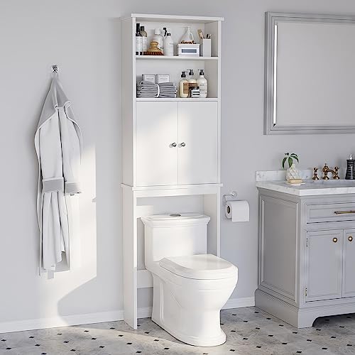Over the Toilet Storage Cabinet for Bathroom, Extra Tall Over Toilet Storage, Space Saver W/Adjustable Shelf & Open Storage Shelf, 75in, White - color: White, style: 2 Open Shelves