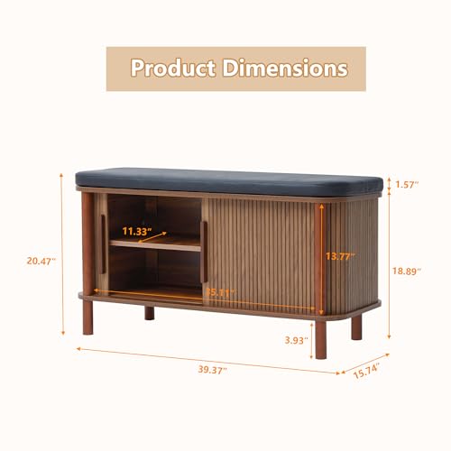 Shoe Bench, Entryway Shoe Cabinet with Leather Cushion and Sliding Door, Modern Shoe Storage Organizer for Living Room, Hallway (Walnut)