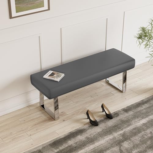 JIEXI 55" Upholstered Bedroom End Kitchen Bench with Sturdy Chrome Legs | PU Leather Padded Seat, Sturdy Thick Metal Legs, Space Efficient for Entryway Kitchen Dining Room Bedroom Window - color: Grey, size: 55 IN