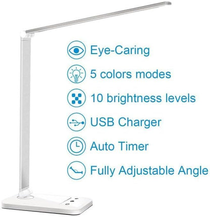 White crown LED Desk Lamp Dimmable Table Lamp Reading Lamp with USB Charging Port, 5 Lighting Modes, Sensitive Control, 30/60 Minutes Timer (White, First-Generation) - color: White, size: first-generation
