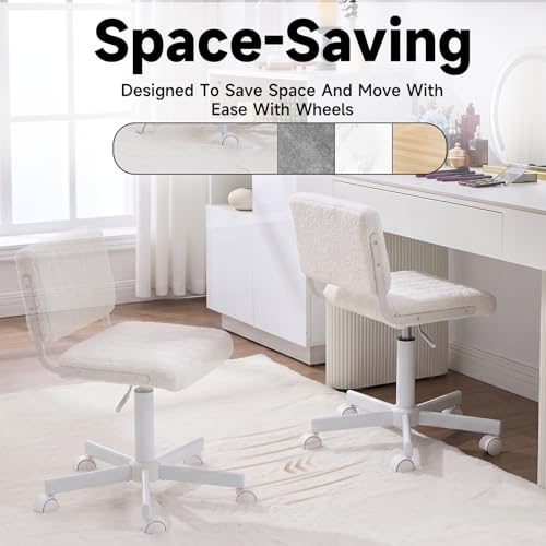 Office Chair Vanity Chair with Wheels | Comfy Desk Chair with Back | Cute Teddy Armless Adjustable Swivel Chair | Small Vanity Stool | for Bedroom Home Computer Task | White - color: White